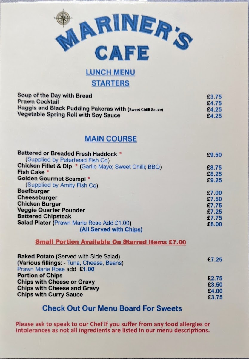 Mariners Café menu board
