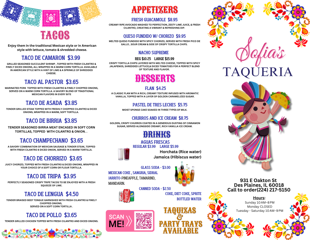 Sofia's Taqueria menu board