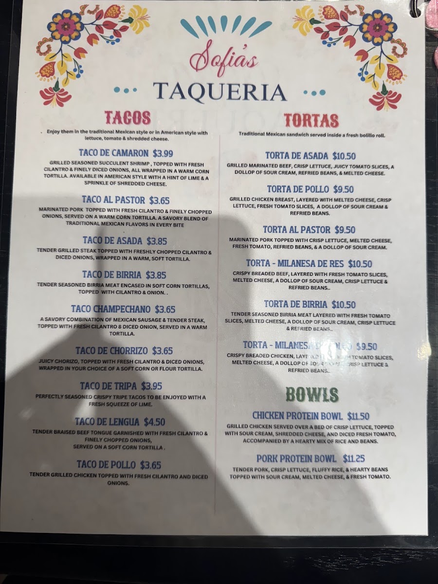 Sofia's Taqueria menu board