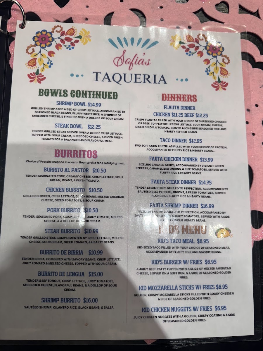 Sofia's Taqueria menu board