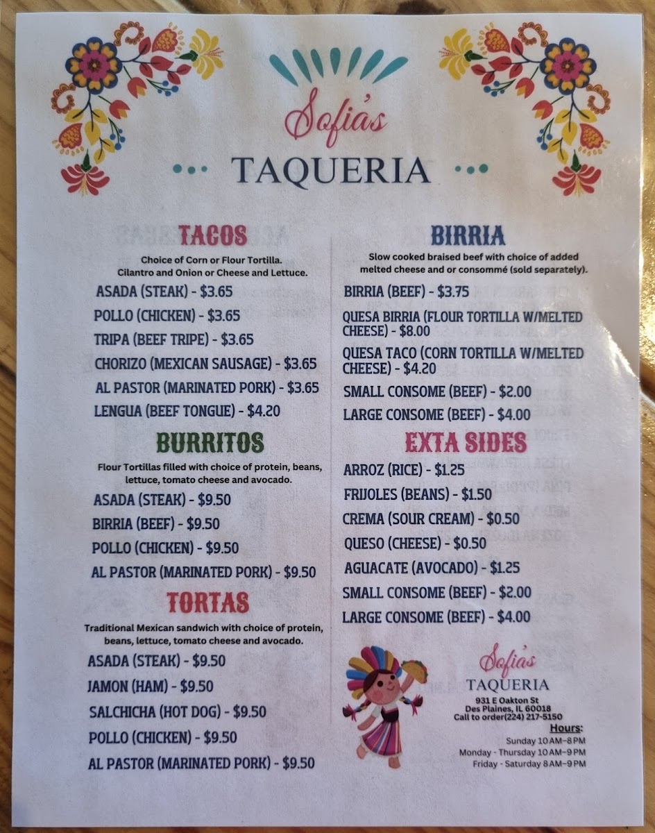 Sofia's Taqueria menu board