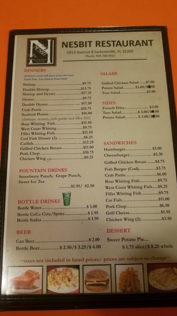 Nesbit Restaurant menu board