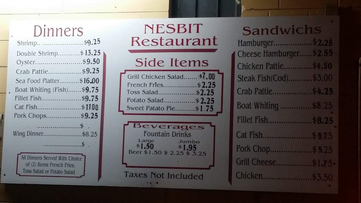 Nesbit Restaurant menu board
