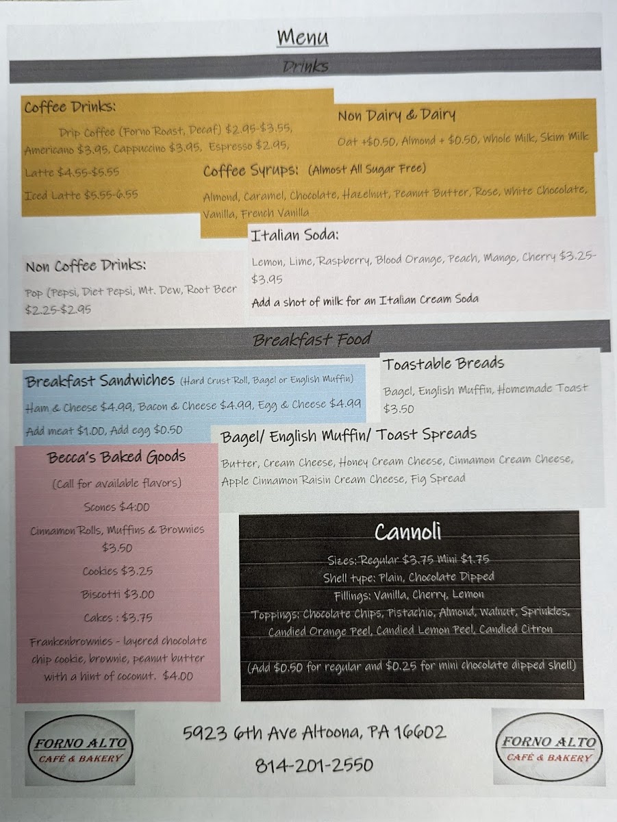 Forno Alto menu board