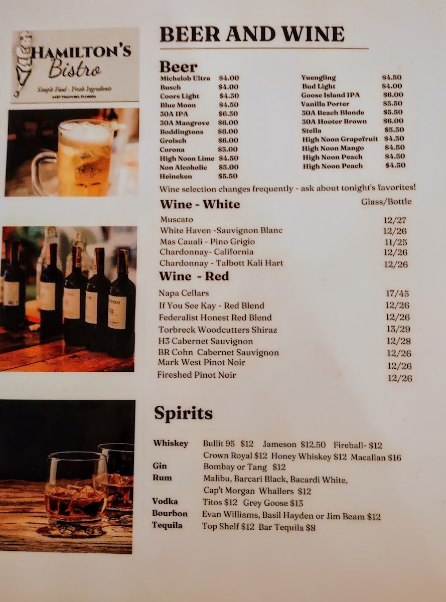 Hamilton's Bistro menu board