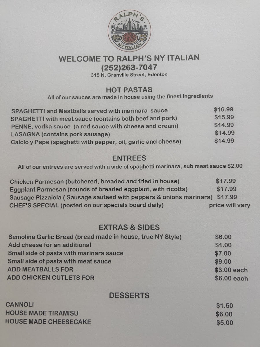 Ralph's NY Italian menu board