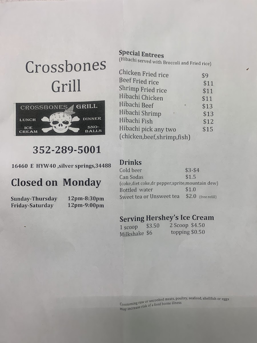 Crossbones Grill menu board