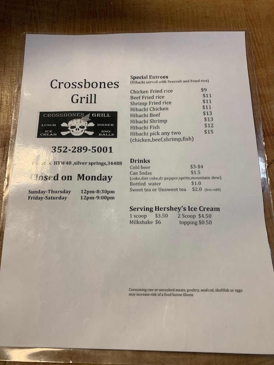 Crossbones Grill menu board