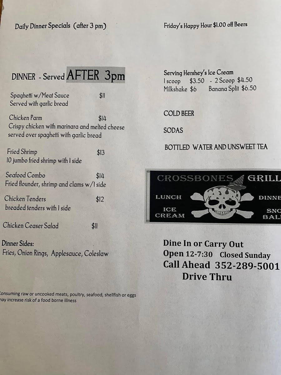 Crossbones Grill menu board