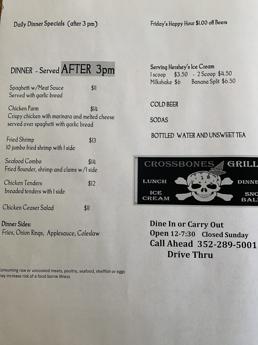 Crossbones Grill menu board