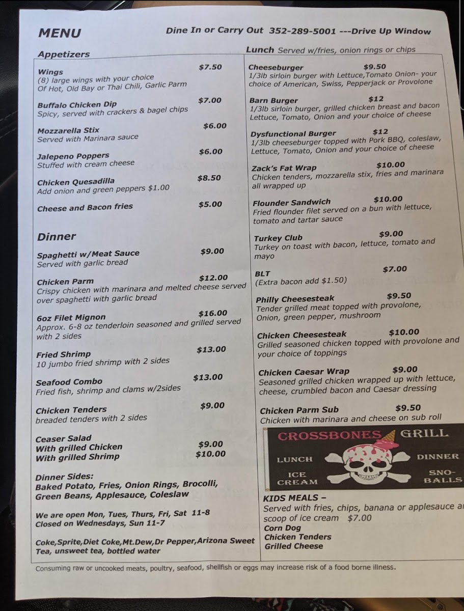 Crossbones Grill menu board