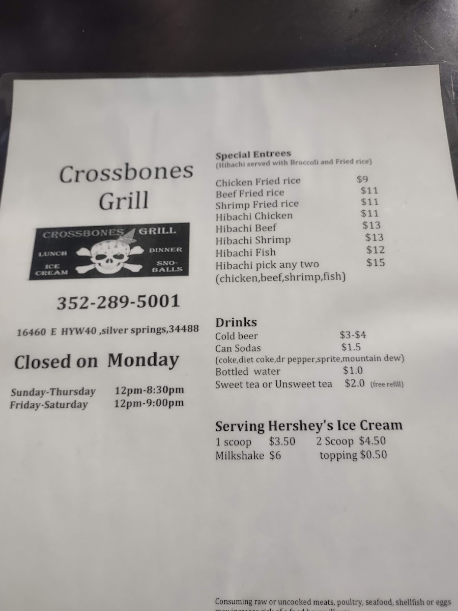 Crossbones Grill menu board