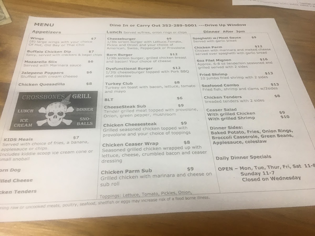 Crossbones Grill menu board