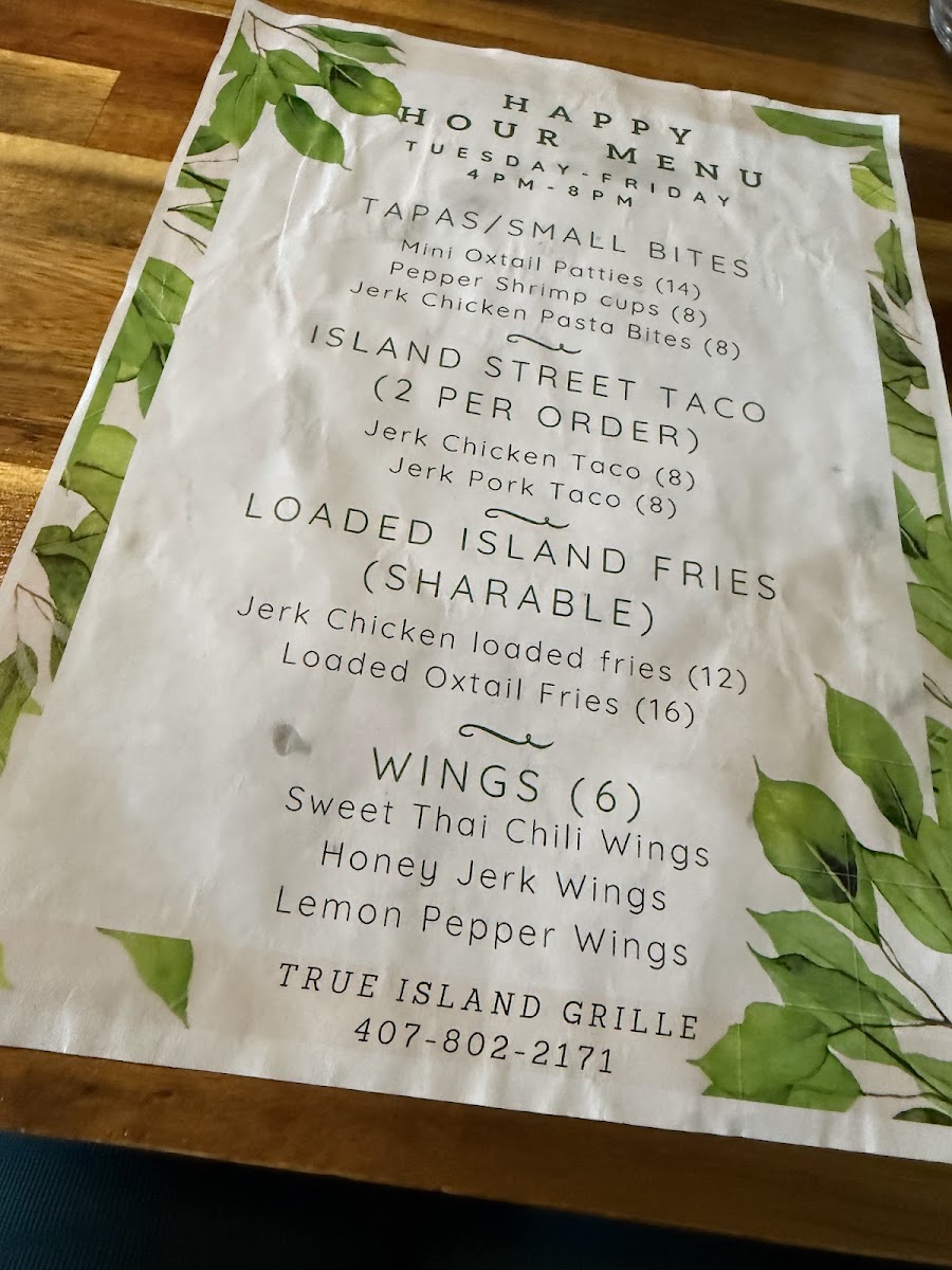 True Island Grille menu board