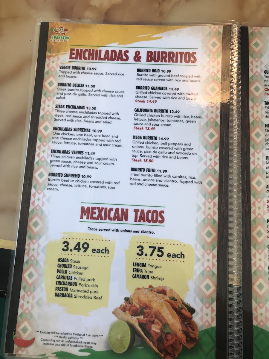 Guanatos Mexican Grill menu board