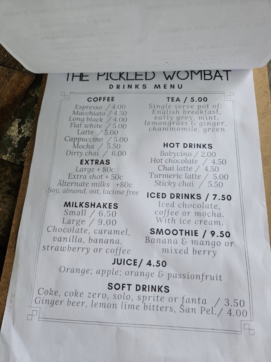 The Pickled Wombat menu board