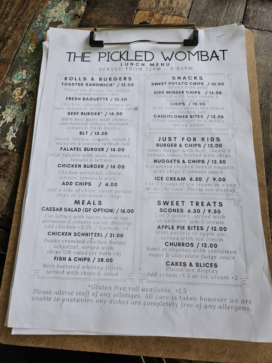 The Pickled Wombat menu board
