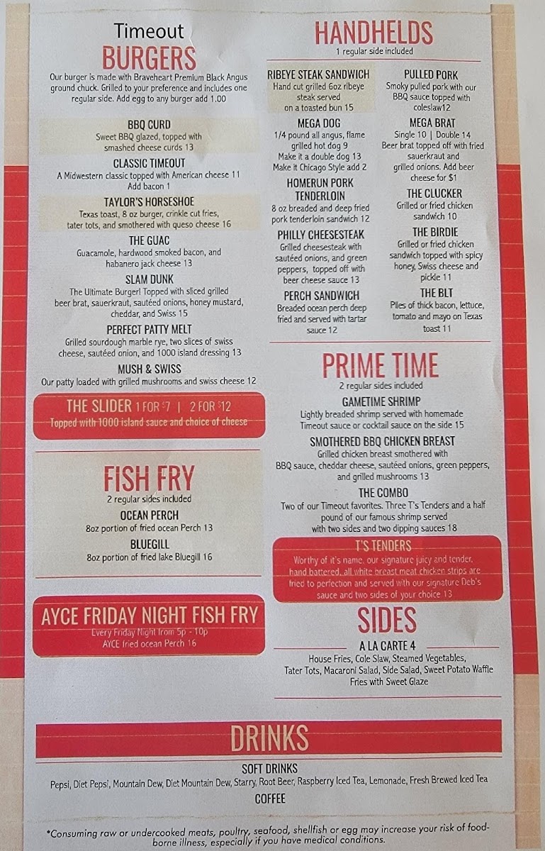 T's Time Out menu board