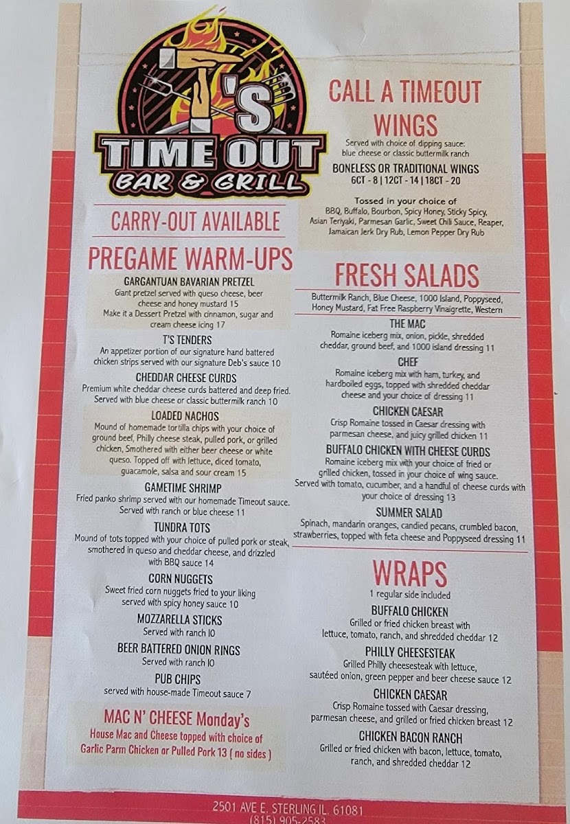 T's Time Out menu board