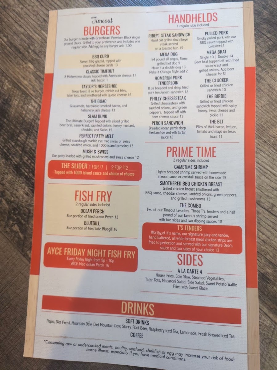 T's Time Out menu board