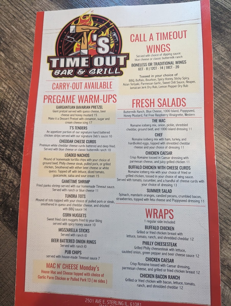 T's Time Out menu board