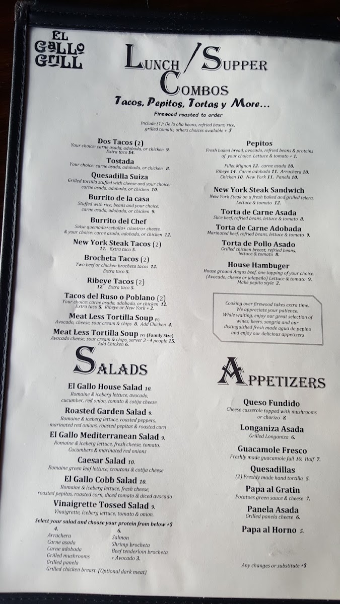 Mi Gallo Kitchen Bar & Grill menu board