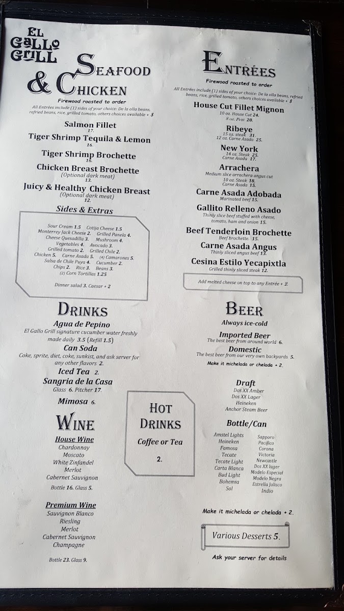 Mi Gallo Kitchen Bar & Grill menu board