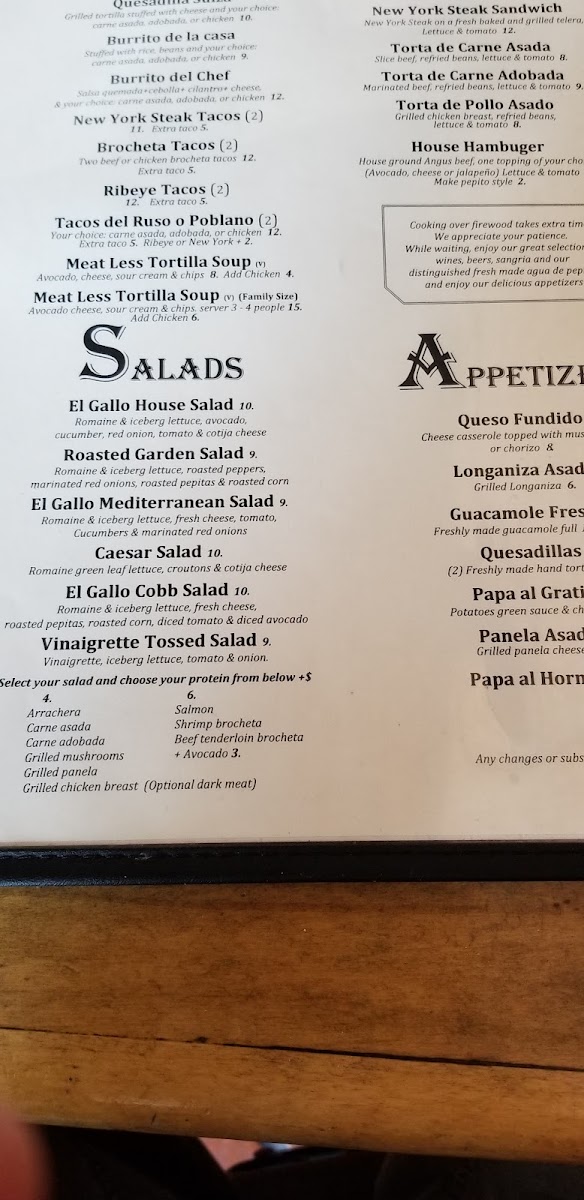 Mi Gallo Kitchen Bar & Grill menu board