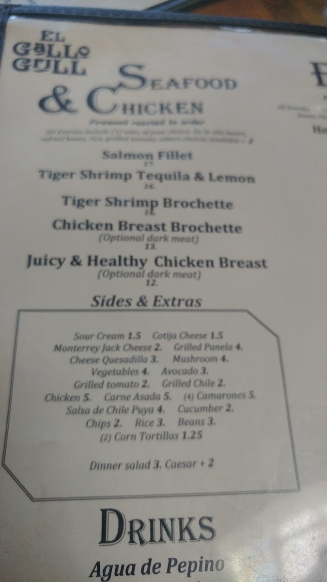 Mi Gallo Kitchen Bar & Grill menu board