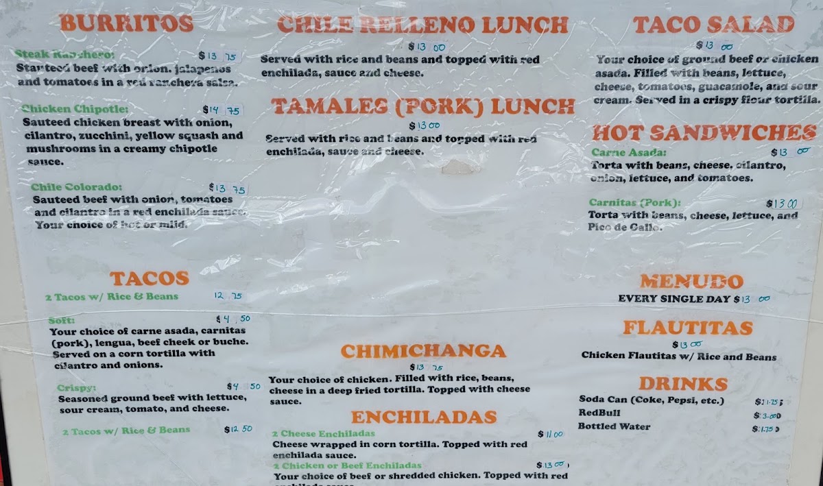 Taco Rico Mexican Food menu board
