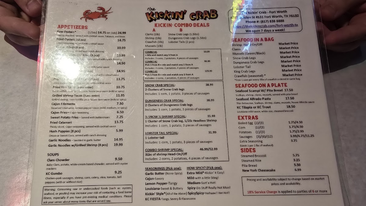 The Kickin’ Crab Fort Worth menu board