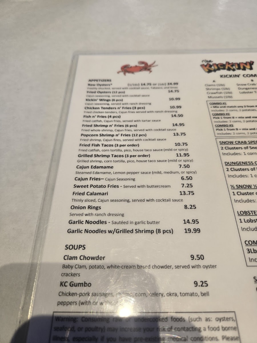 The Kickin’ Crab Fort Worth menu board