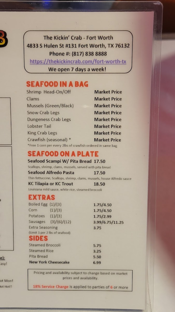 The Kickin’ Crab Fort Worth menu board