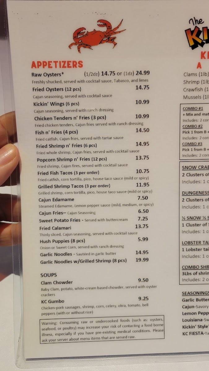 The Kickin’ Crab Fort Worth menu board