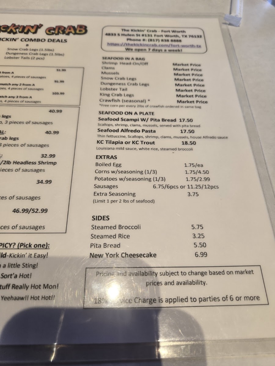 The Kickin’ Crab Fort Worth menu board