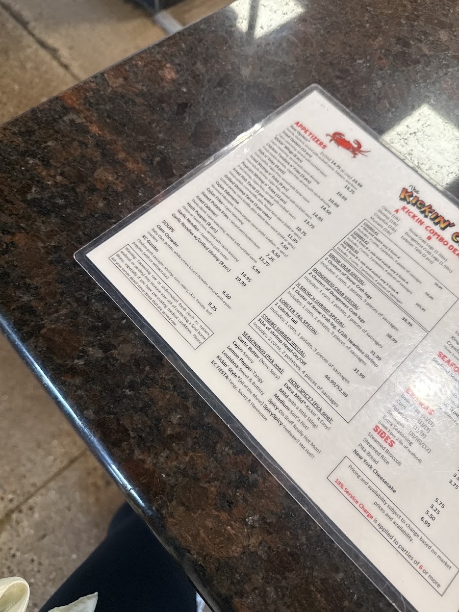 The Kickin’ Crab Fort Worth menu board