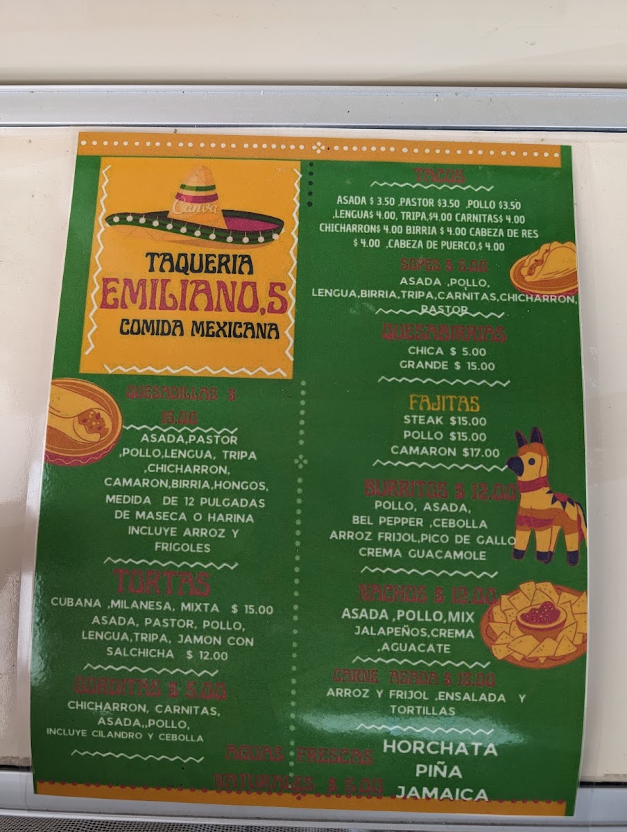 Emiliano's Taqueria menu board