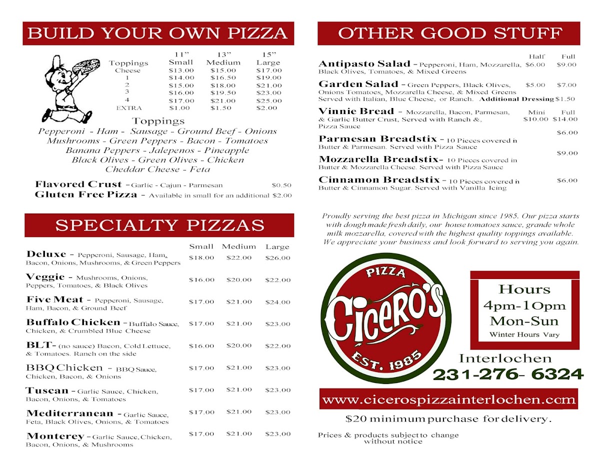 Ciceros Pizza menu board