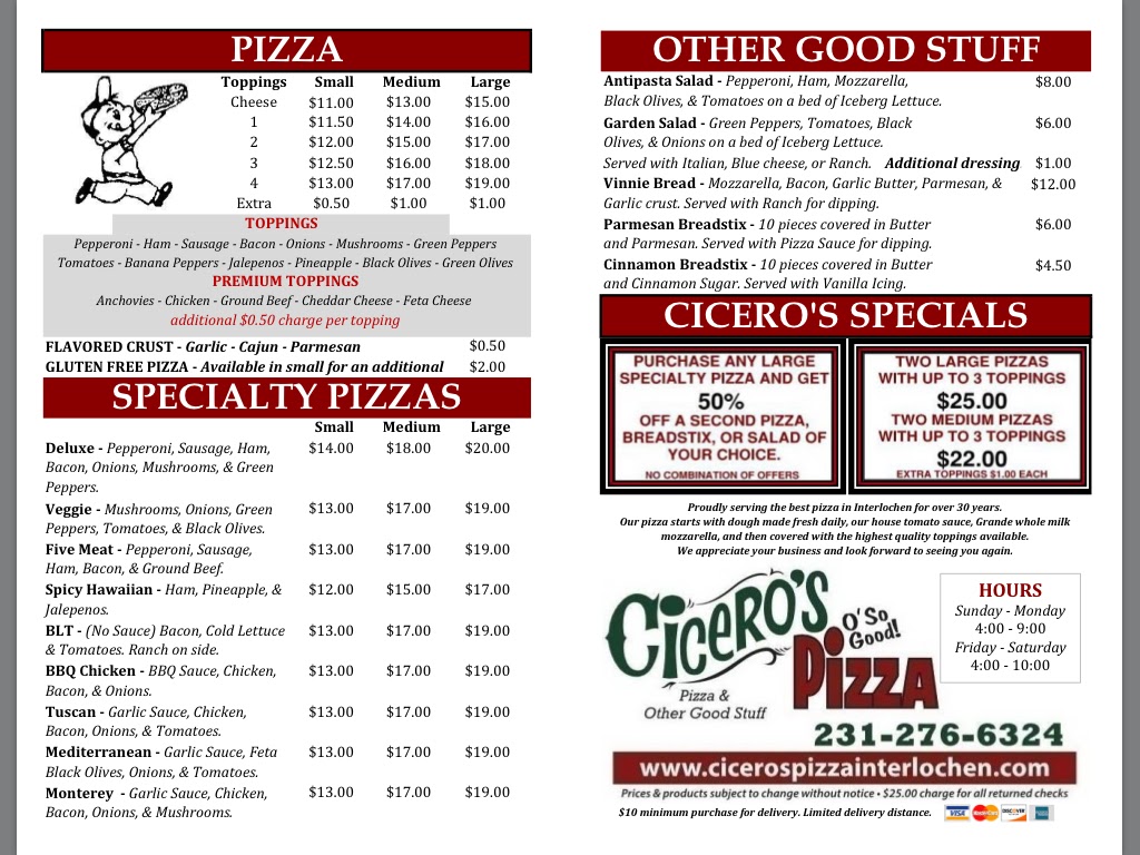 Ciceros Pizza menu board