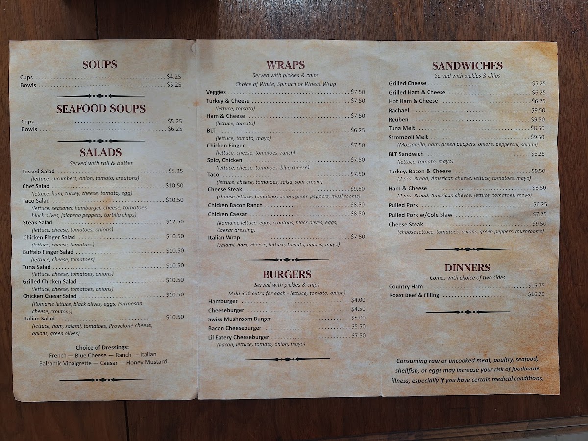 Lil Eatery menu board