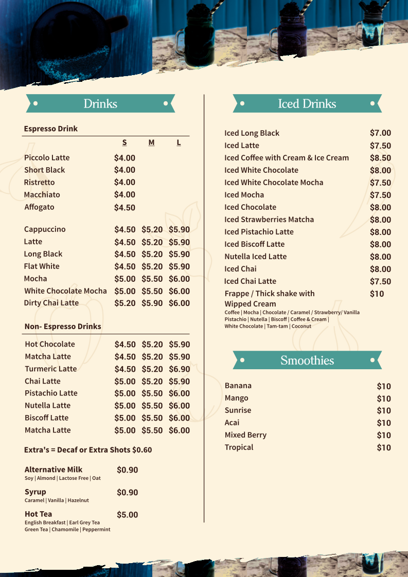 Lexi's Cafe & bar menu board