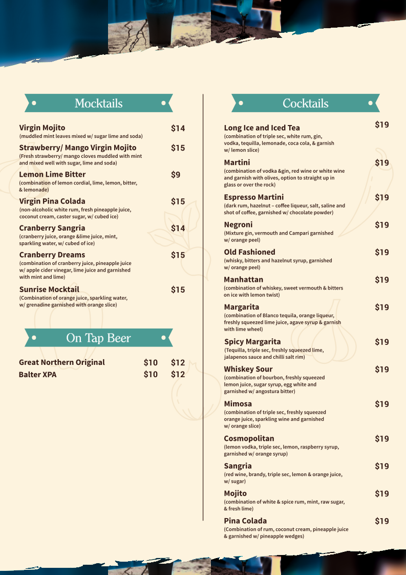 Lexi's Cafe & bar menu board