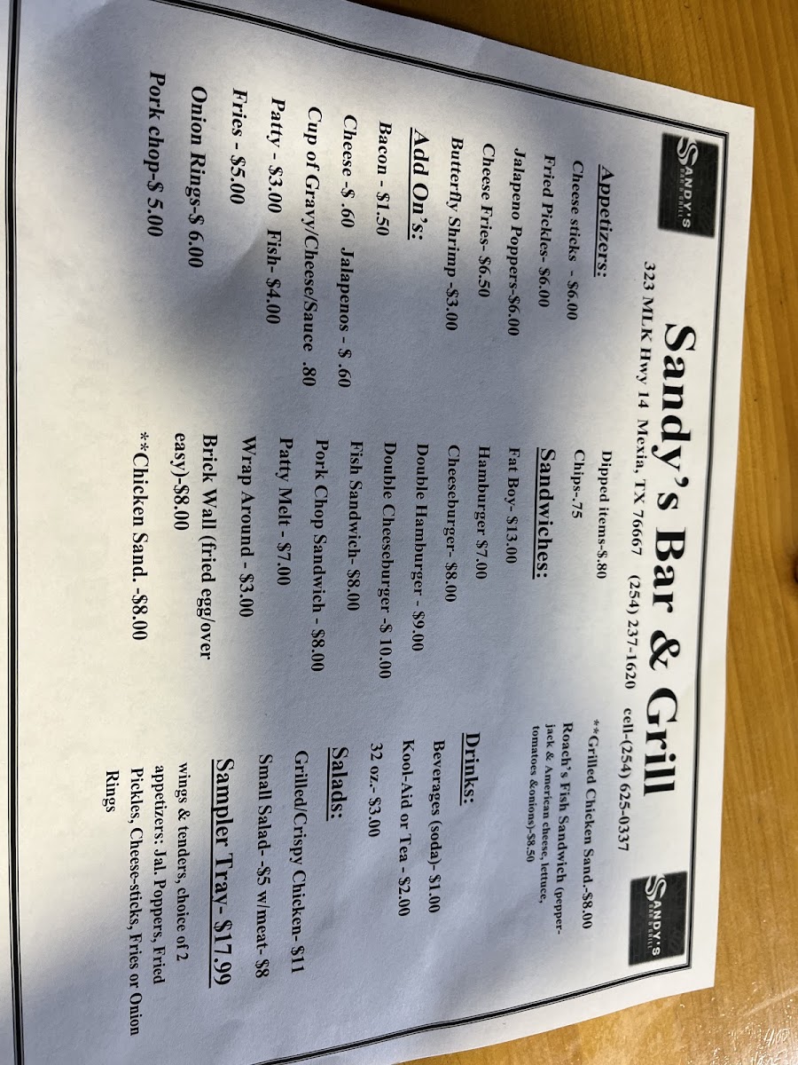 Sandy’s bar & grill menu board