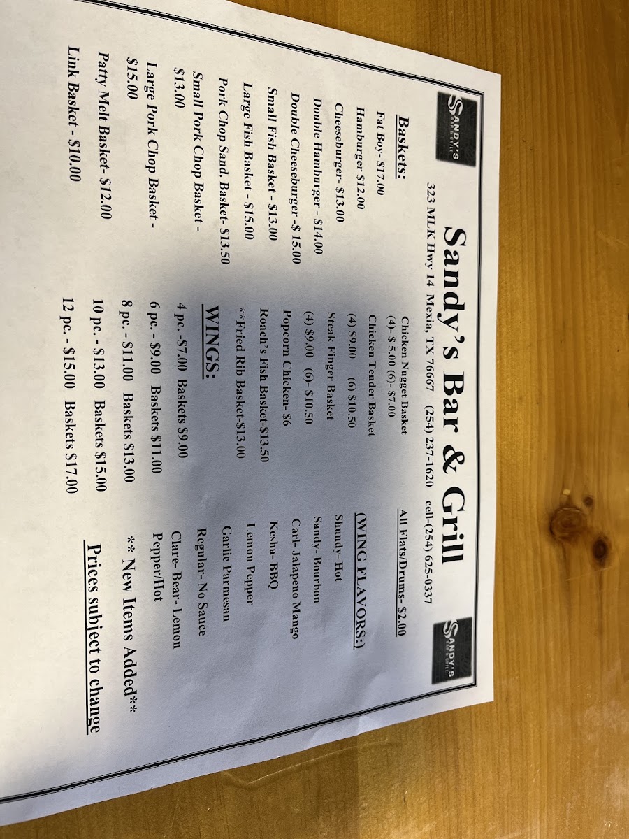 Sandy’s bar & grill menu board