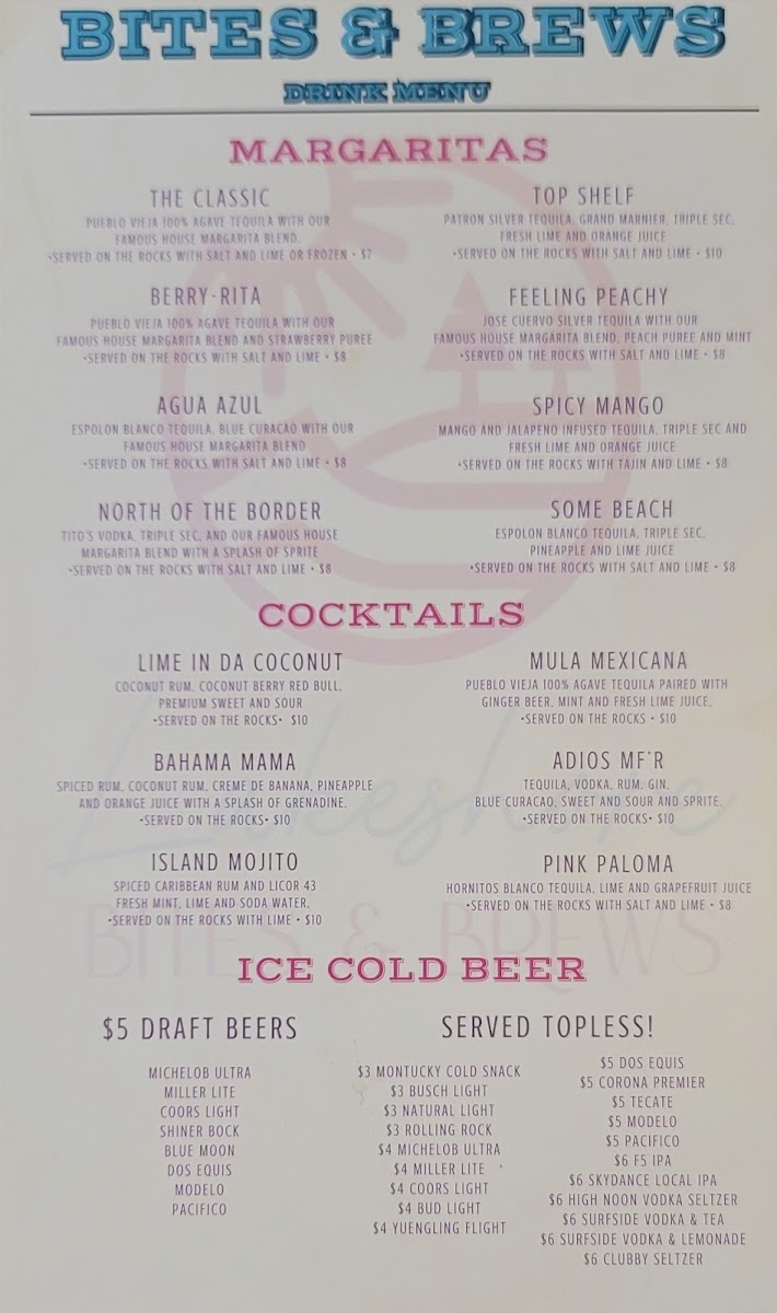 Lakeshore Bites & Brews menu board