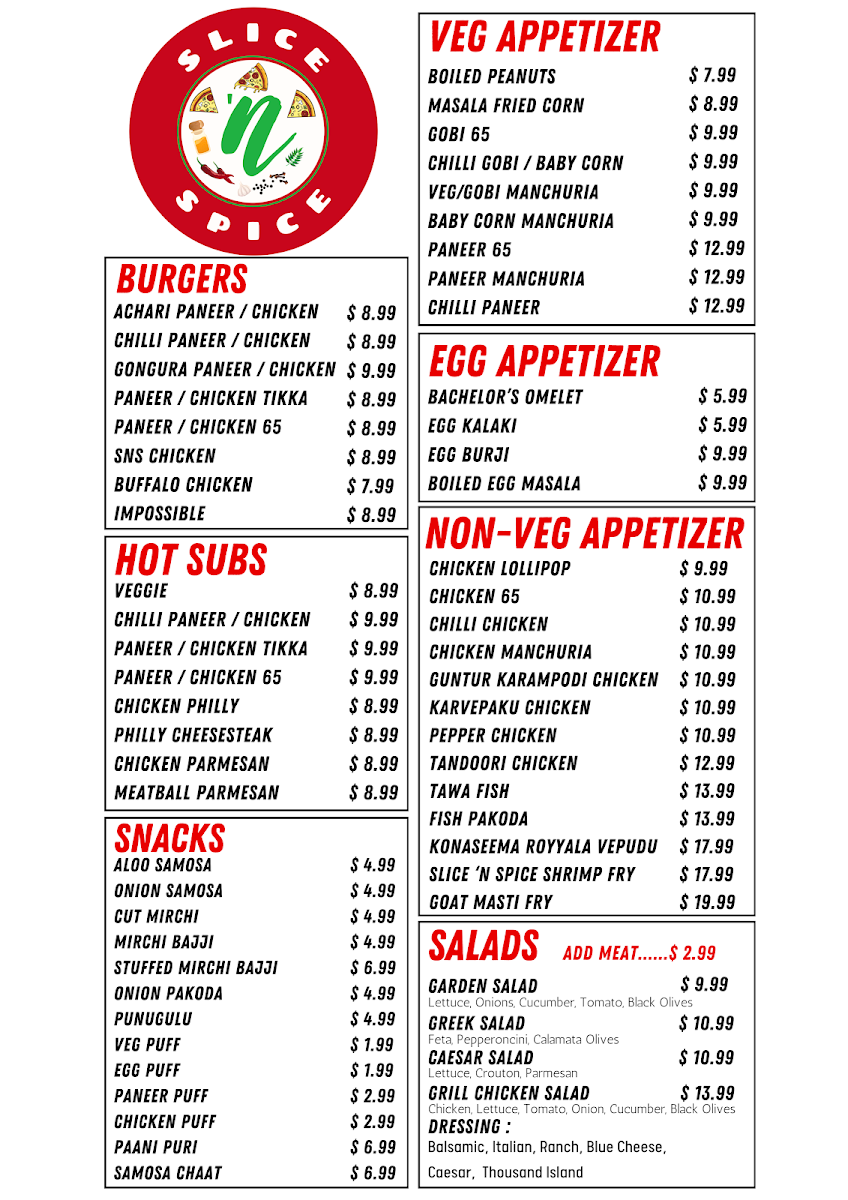 Slice ‘n Spice Indian Kitchen menu board