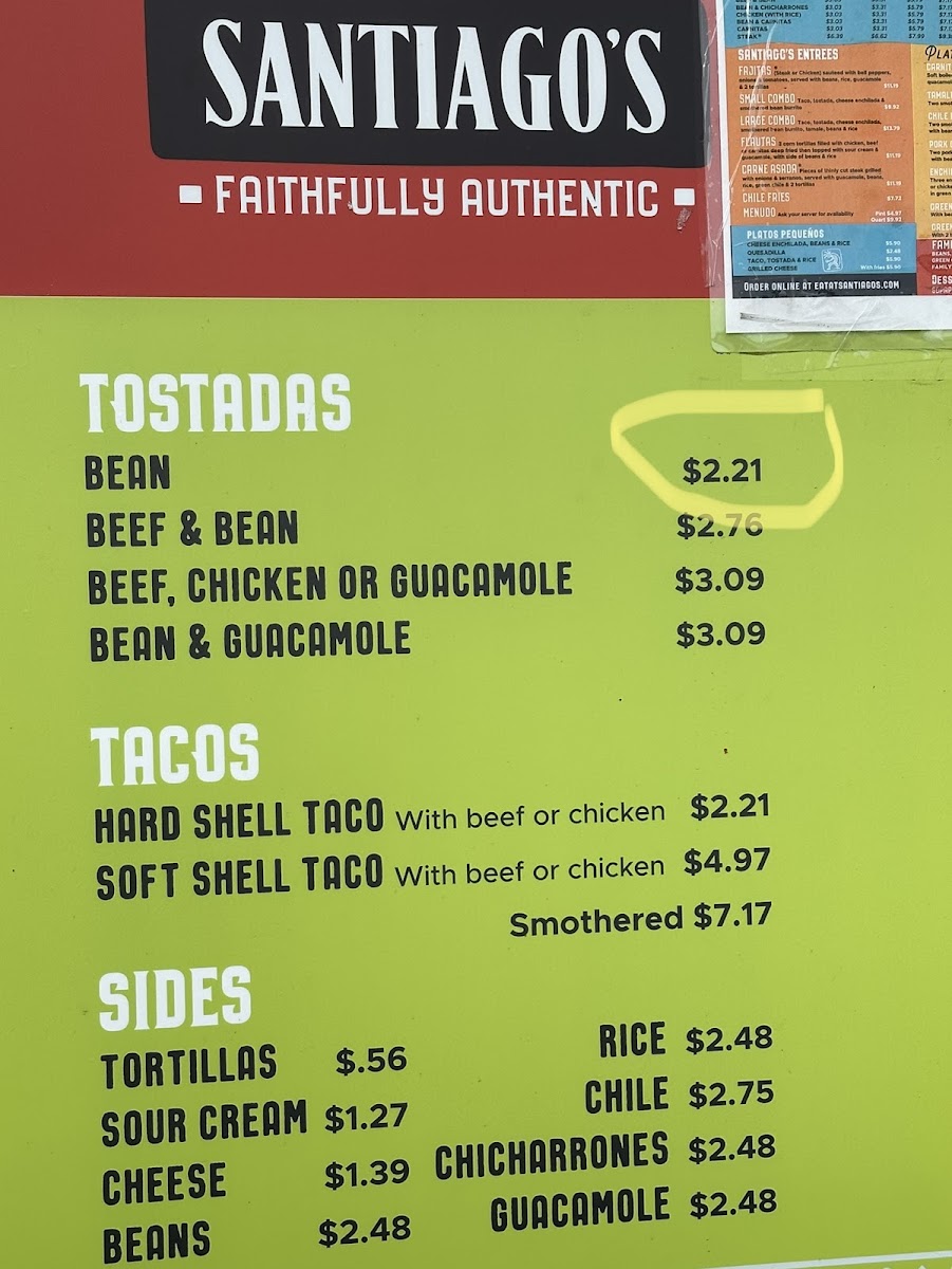Santiago's Mexican Restaurant menu board