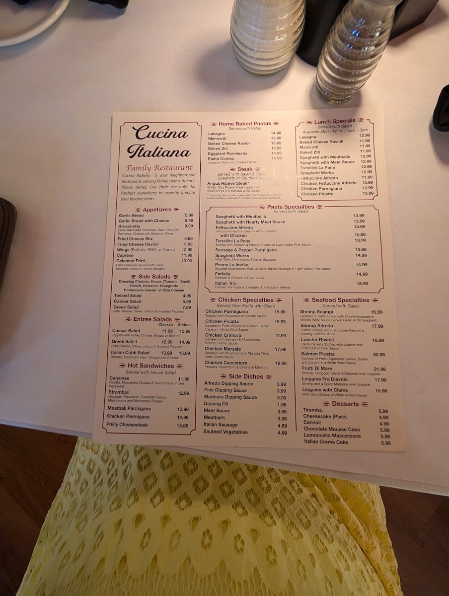 Cucina Italiana Al Lago menu board