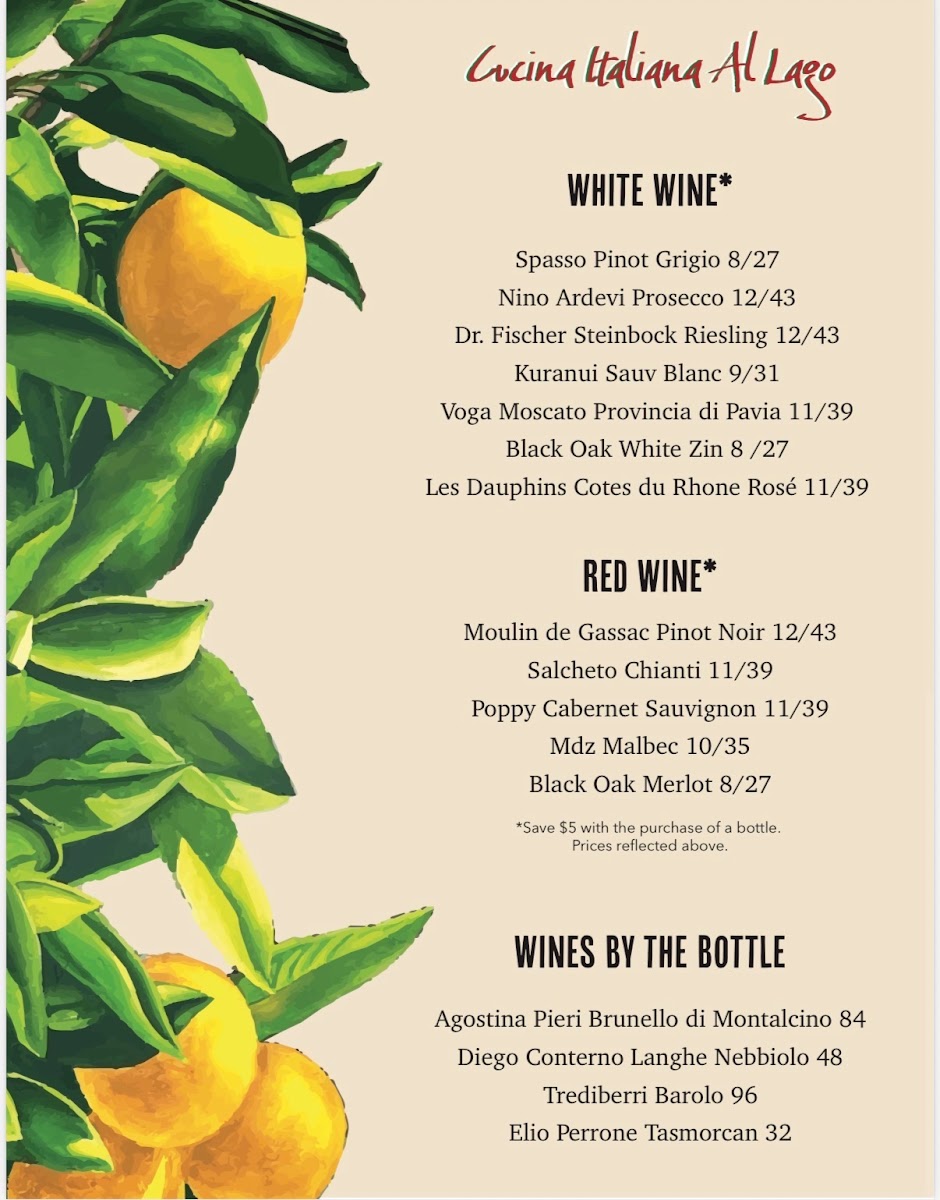 Cucina Italiana Al Lago menu board