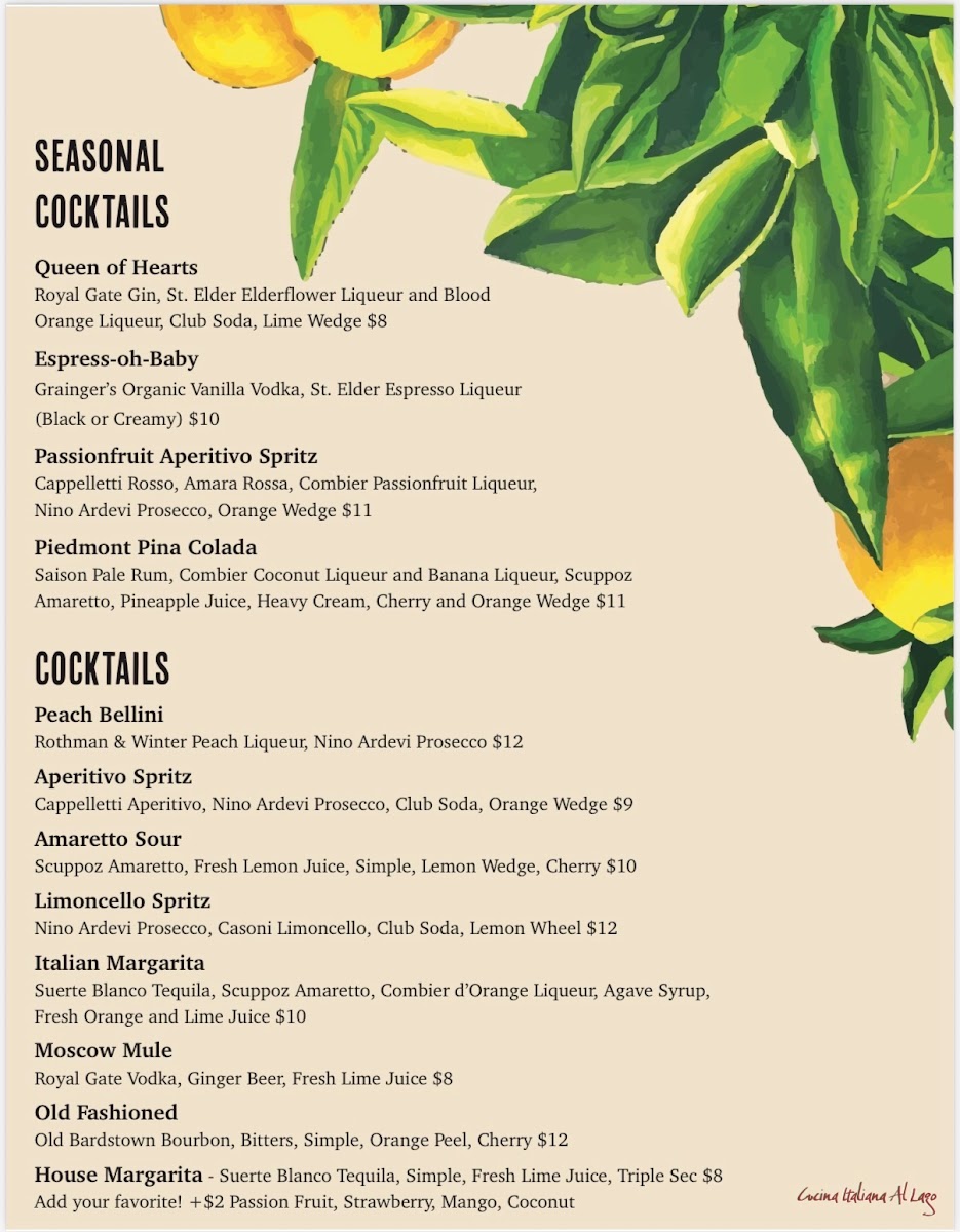 Cucina Italiana Al Lago menu board